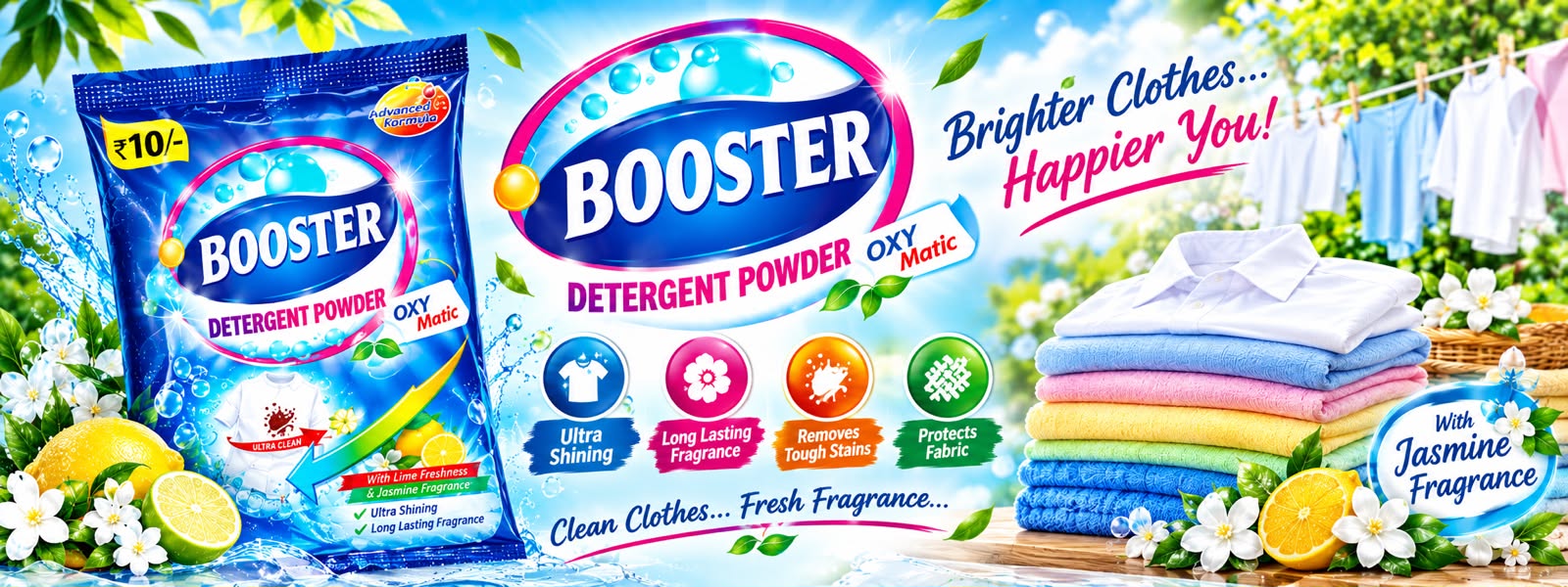 Booster promotional artwork featuring jasmine, citrus and colourful folded laundry